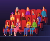 Описание: Люди в кинозале. дети и взрослые смотрят кино, сидя на красных стульях с  попкорном в кинотеатре. развлечения, наблюдая за толпой | Премиум векторы